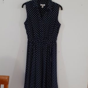 Blue dress with white dots.